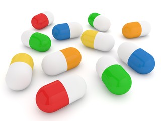 Colored pills on a white background. 3d render illustration.