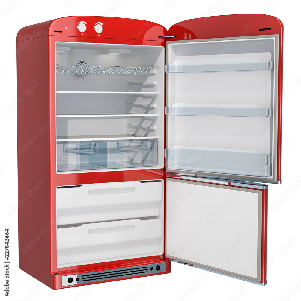 Poster opened red fridge, retro design. 3d rendering