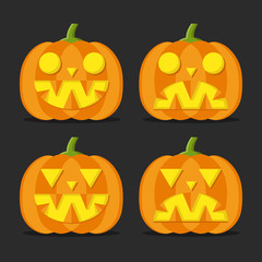 Halloween pumpkins set. Glowing pumpkins with carved faces. Jack O' Lantern concept. Vector illustration