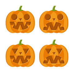 Set of Halloween pumpkins. Hollow pumpkins with carved faces. Jack O' Lantern concept. Vector illustration