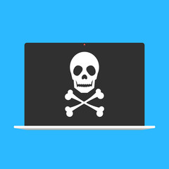 Skull and crossbones on laptop screen. Ransomware, fraud, phishing, virus, broken laptop concepts. Modern flat design. Vector illustration