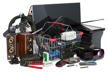 Shopping basket with computer device and accessories, 3D rendering