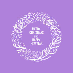 Card Merry Christmas and Happy New Year. Round frame hand drawn yellow color ornaments. Vector illustration isolated on lilac background.
