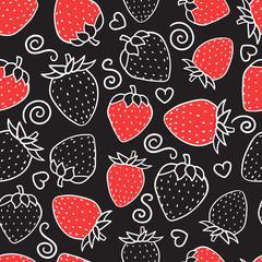 Hand drawing Strawberry Fashion white sketch seamless pattern isolated on black background. Vector illustration print design.