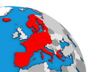 Schengen Area members on simple blue political 3D globe.