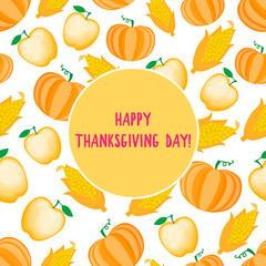 Happy Thanksgiving Day card. Cartoon ear of corn seamless pattern. Vector ilustration isolated on white background.