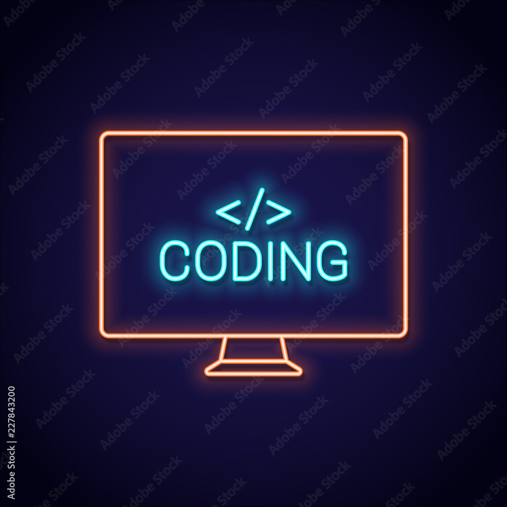 Fototapete coding neon sign. pc monitor with programming neon banner on brick background