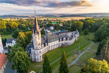 Bozkow palace on the panorama of sudety mountains aerial view