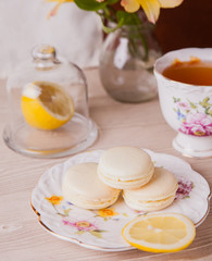 Lemon macaroon and cup of tea
