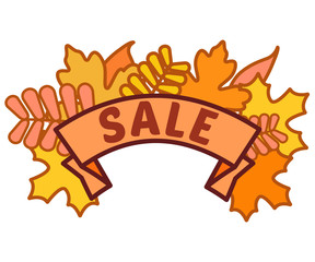 Autumn sale sign on ribbon with yellow and orange leaves without background, discount footer and banner