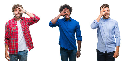 Collage of group of african american and hispanic men over isolated background doing ok gesture with hand smiling, eye looking through fingers with happy face.