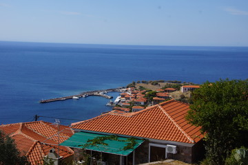 Fototapeta na wymiar Panoramic view of the harbour of Molivos on Lesbos, Greece