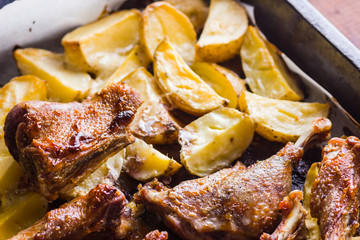 Baked meat with potatoes. Duck meat with golden crust on baking sheet. Cooked in oven dish on parchment. Golden sliced potatoes with chicken meat. Home kitchen