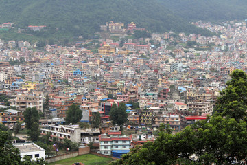 Naklejka premium Kathmandu city, seen from the Swayambhunath Stupa on the hill