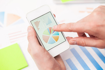 Businessman analyzing business graphs with magnifying glass.