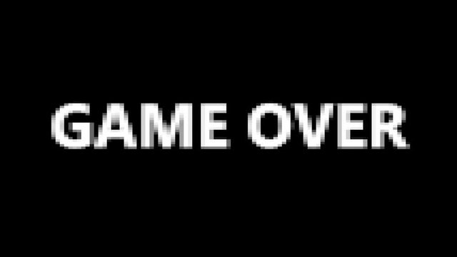 A videogame message screen, with the words Game Over, Try Again, Insert Coin, appearing with a dissolve effect. Black background.

