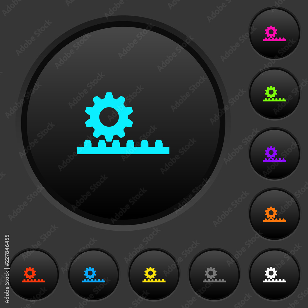 Poster cogwheel with rack pinion dark push buttons with color icons
