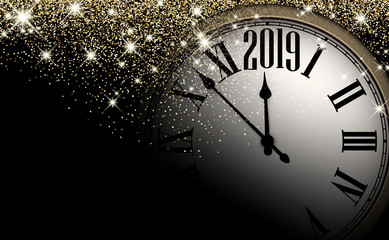 Gold shiny 2019 New Year background with clock. Greeting card.