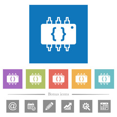 Hardware programming flat white icons in square backgrounds