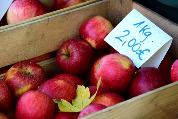 Äpfel in einer Apfelkiste zum Verkauf, direkt vom Bauern
