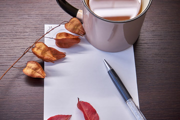 Autumn foliage pen and paper on the table.