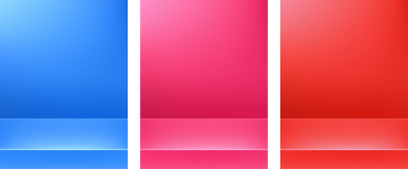 Fototapeta premium Bright pink, red and blue monochrome shiny backgrounds.
