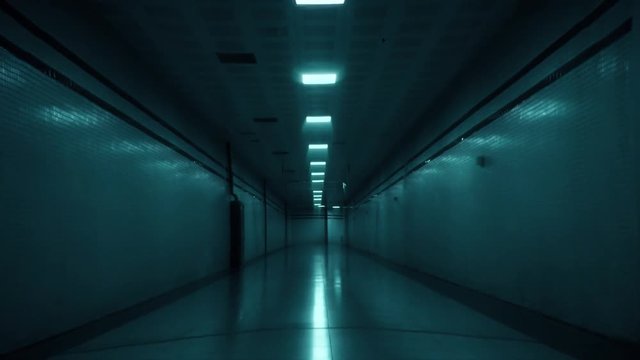 Scary dark corridor, tunnel. Mystery place with broken lamps. Empty, depth horror concept.
