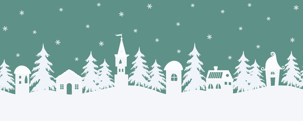 Christmas background. Fairy tale winter landscape. Seamless border. There are fantastic lodges and fir trees on a turquoise background. White silhouettes and snowflakes in the image. Vector 