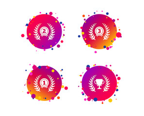 Laurel wreath award icons. Prize cup for winner signs. First, second and third place medals symbols. Gradient circle buttons with icons. Random dots design. Vector
