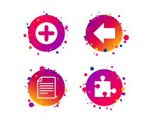 Plus add circle and puzzle piece icons. Document file and back arrow sign symbols. Gradient circle buttons with icons. Random dots design. Puzzle vector