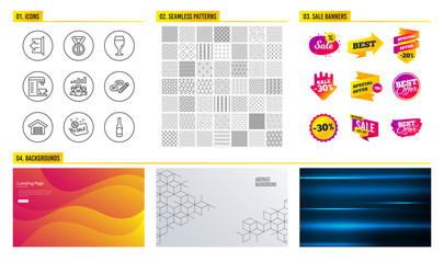 Seamless pattern. Shopping mall banners. Set of Coffee machine, Beer glass and Sign out icons. Parking garage, Sale and Best rank signs. Teamwork results, Keywords and Beer symbols. Vector