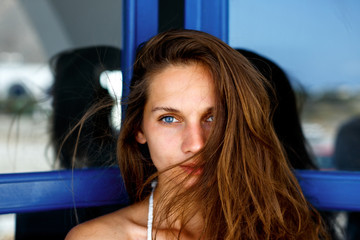 Close up morning portrait of  pretty woman with blue eyes, sensual fresh happy face, positive emotions.