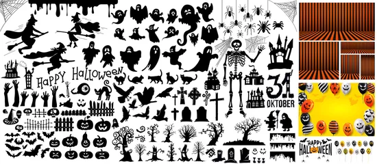 Poster Big Set of halloween silhouettes black icon and character. Vector illustration. Isolated on white background. © Anatoliy