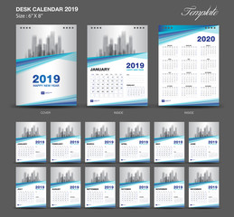 Desk Calendar 2019 year size  6 x 8 inch template, blue calendar 2019 template, Set of 12 Months, Week Starts Monday, wall calendar, flyer design, cover template vector, advertisement creative