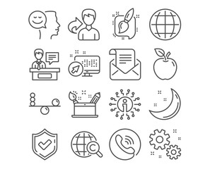 Set of Good mood, Creativity concept and Balance icons. Work, International Ð¡opyright and Painting brush signs. Mail newsletter, Globe and Exhibitors symbols. Vector