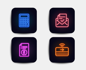 Neon glow lights. Set of Technical info, Calculator and Approved mail icons. Contactless payment sign. Documentation, Accounting device, Confirmed document. Financial payment.  Neon icons. Vector
