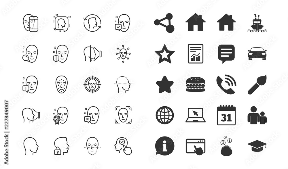 Poster face recognition line icons. set of faces biometrics detection, scanning and unlock system linear ic