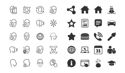 Face recognition line icons. Set of Faces biometrics detection, scanning and unlock system linear icons. Facial scan, identification and Face id symbols. Vector