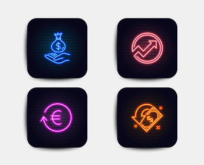 Neon glow lights. Set of Exchange currency, Income money and Audit icons. Cashback sign. Reshresh exchange rate, Savings, Arrow graph. Receive money.  Neon icons. Glowing light banners. Vector