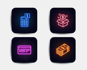 Fototapeta premium Neon glow lights. Set of Post package, Credit card and Calculator icons. Usd currency sign. Postbox, Card payment, Money management. Buying commerce. Neon icons. Glowing light banners. Vector