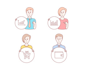 People hand drawn style. Set of Column chart, Cross sell and Chart icons. Money wallet sign. Financial graph, Market retail, Payment method. Character hold circle button. People Vector
