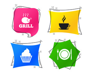 Food and drink icons. Muffin cupcake symbol. Plate dish with fork and knife sign. Hot coffee cup. Geometric colorful tags. Banners with flat icons. Trendy design. Vector