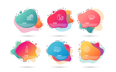 Dynamic liquid shapes. Set of Burger, Champagne bottle and Coffee beans icons. Americano sign. Cheeseburger, Anniversary alcohol, Whole bean. Beverage cup.  Gradient banners. Fluid abstract shapes