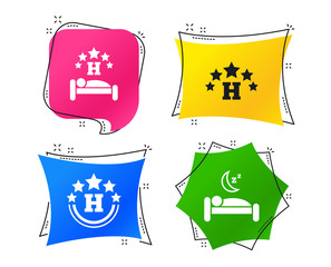Five stars hotel icons. Travel rest place symbols. Human sleep in bed sign. Geometric colorful tags. Banners with flat icons. Trendy design. Vector