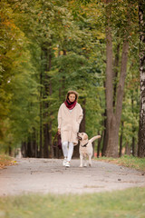 Obraz premium A woman walks with her labrador in the fall.