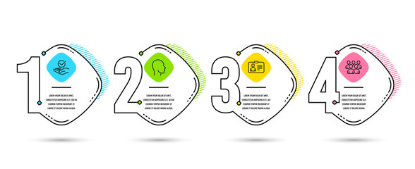 Infographic template 4 steps timeline. Set of Id card, Head and Approved icons. Group sign. Human document, Human profile, Verified symbol. Developers. Process diagram, workflow timeline vector.