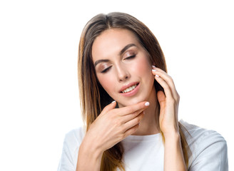 closeup beauty portrait of attractive young caucasian woman brunette isolated on white studio shot lips face perfect skin head and shoulders lips neck eyes closed nails