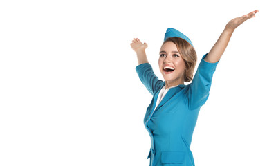 Portrait of charming stewardess wearing in blue uniform. Isolated on white background.