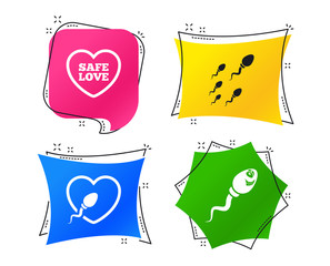 Sperm icons. Fertilization or insemination signs. Safe love heart symbol. Geometric colorful tags. Banners with flat icons. Trendy design. Vector