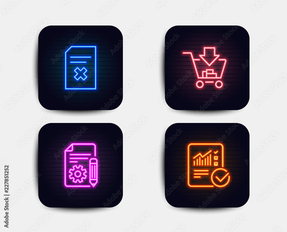 Poster neon glow lights. set of shopping, documentation and delete file icons. checked calculation sign. ad
